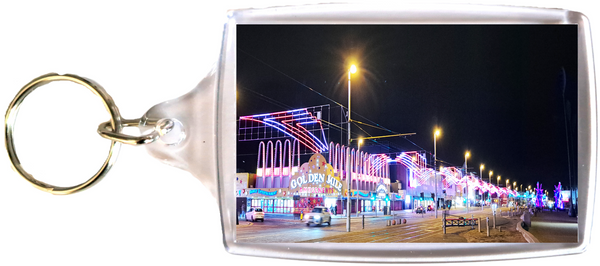 Large Blackpool Keyring showing The Golden Mile arcade lit up at night with the illuminations.