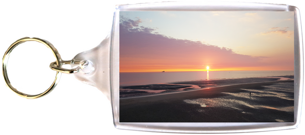 Large Blackpool Keyring showing a beautiful sunset on the beach and sea.