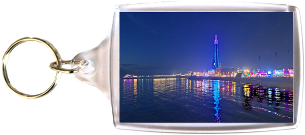 Large Blackpool Keyring showing a blue Blackpool Tower and the Illuminations reflecting in the sea.