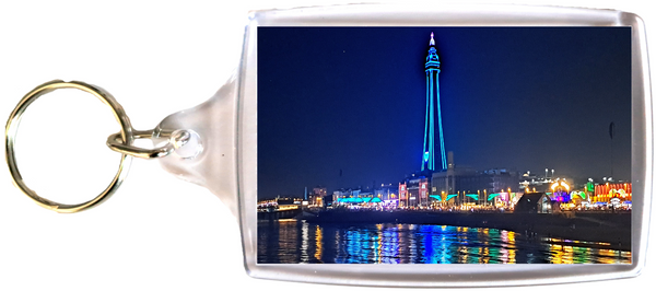 Large Blackpool Keyring showing a blue  Blackpool Tower and the Illuminations reflecting in the sea.
