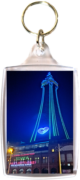 Large Blackpool Keyring showing a  blue Blackpool Tower at night.