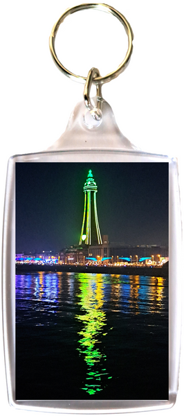 Large Blackpool Keyring showing a bright green Blackpool Tower and love heart and the Illuminations reflecting in the sea.