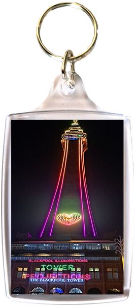 Large Blackpool Keyring showing a  pink and orange Blackpool Tower at night.