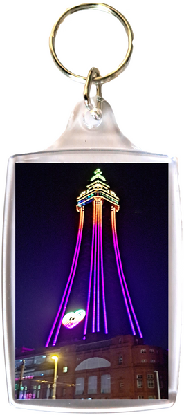 Large Blackpool Keyring showing a  purple  Blackpool Tower at night.