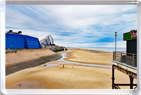 Large Blackpool fridge magnet Showing Blackpool South Shore Beach, Sandcastle and The Big One at Blackpool Pleasure Beach.