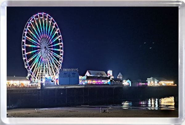 Large Blackpool fridge magnet showing Central Pier at night lit up with the big wheel.