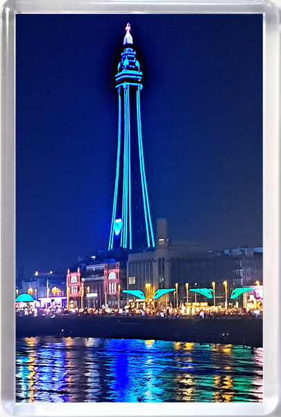 Large Blackpool fridge magnet showing a blue  Blackpool Tower and love heart and the Illuminations reflecting in the sea.