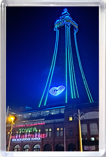Large Blackpool fridge magnet showing a  blue Blackpool Tower at night.
