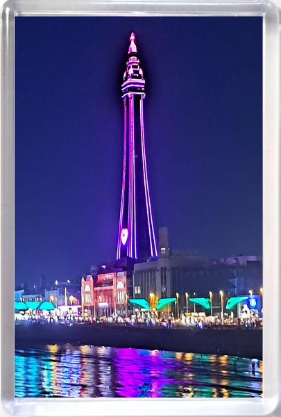 Large Blackpool fridge magnet showing a blue and purple Blackpool Tower and the Illuminations reflecting in the sea.
