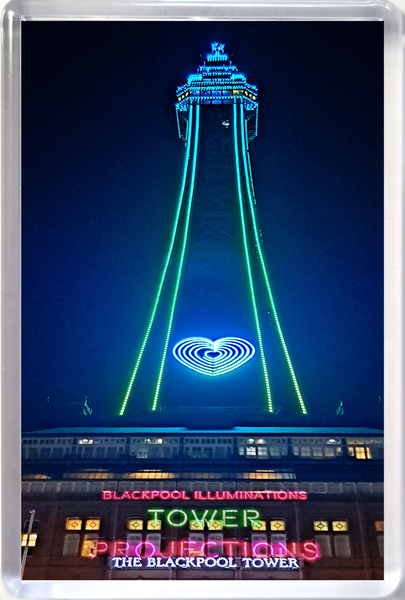 Large Blackpool fridge magnet showing a  green illuminated Blackpool Tower at night.