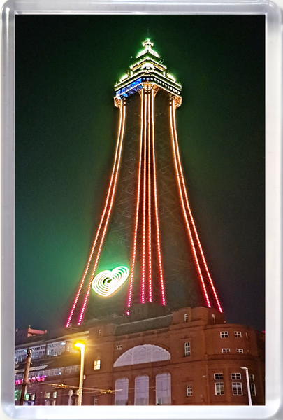 Large Blackpool fridge magnet showing a pink  Blackpool Tower at night.