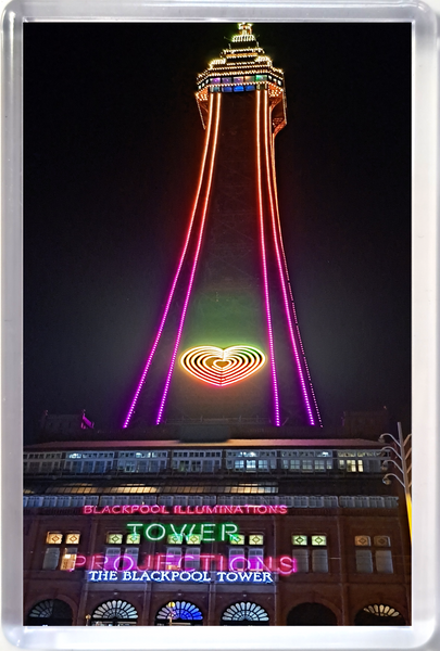Large Blackpool fridge magnet showing a  pink and orange Blackpool Tower at night.