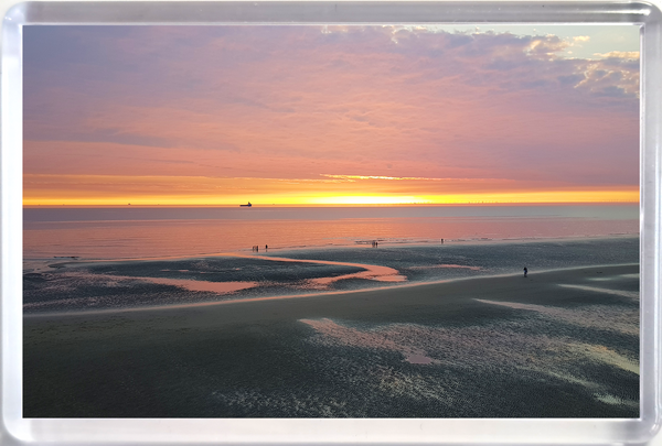 Large Blackpool fridge magnet showing a sunset on the beach and sea with a ship on the horizon