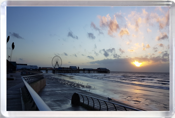 Large Blackpool fridge magnet showing the beach at sunset.