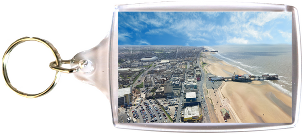 Large Blackpool keyring showing the promenade, beach piers, sea and town taken from Blackpool Tower.