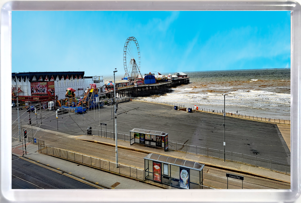 Large Fridge Magnet showing Blackpool Central Pier with Big Wheel, Promenade and Beach on a sunny day with blue sky