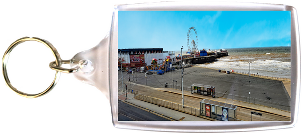 Large Keyring showing Blackpool Central Pier with Big Wheel, Promenade and Beach on a sunny day with blue sky