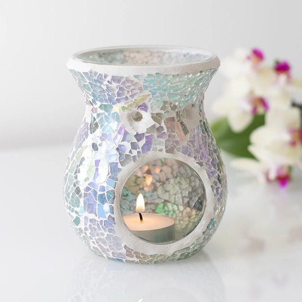 Small Light Blue Iridescent Glass Crackle Oil Burner 11cm x 8.5cm Aromatherapy Home Office Decor Relaxation Meditation