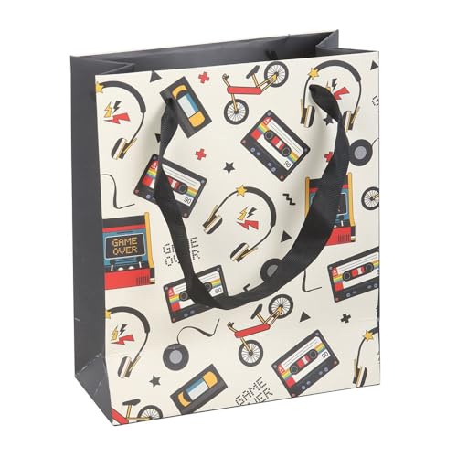 Gift bag with retro design featuring cassette tapes, headphones, and 'Game Over' signs on a white background.