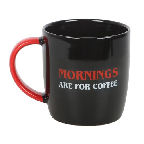 Black mug with red handle and text 'MORNINGS ARE FOR COFFEE' on a white background
