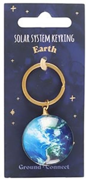 Solar System Keyring featuring a detailed Earth globe charm with a gold-tone key ring, presented on a dark blue backing card with 'Earth' printed in gold.