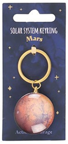 Mars keychain on a blue card with 'Solar System Keyring Mars' text