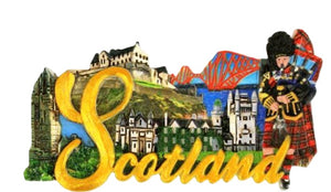 Scotland Word &amp; Collage Fridge Magnet    Size: 8cm x 4cm approx Resin Made by Elgate   Featuring the word Scotland along with a collage of famous Scottish scenes including Edinburgh Castle, Highland Piper and Forth Railway Bridge.   Makes an ideal souvenir of your visit to Scotland or a gift for friends and family.