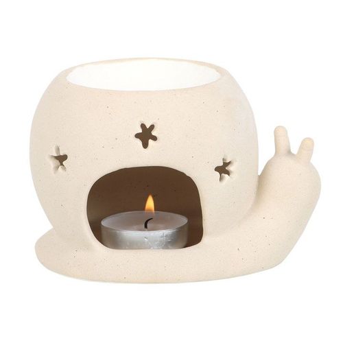 Ceramic snail-shaped candle holder with a tea light candle on a white background.