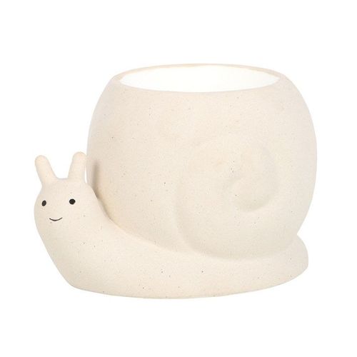 A beige ceramic oil burner designed to resemble a snail, with a smooth finish and a small face painted on the side.