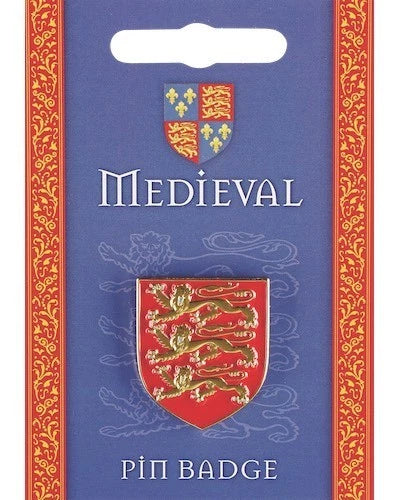 Three Lions Shield Pin Badge


* Enamel
* Size: 3cm x 2.6cm
* Made by Westair Reproductions Ltd
* Attached to an Information card with information on the medieval shield
* Butterfly Clasp


Product Description: This Medieval Three Lions pin badge is made from metal with red enamel inlay and 3 gold lions. It is supplied on a pin with separate clasp. The pin badge is mounted on an information card, which has an image of a medieval shield at the top, three lions in the centre and medieval floral design borders