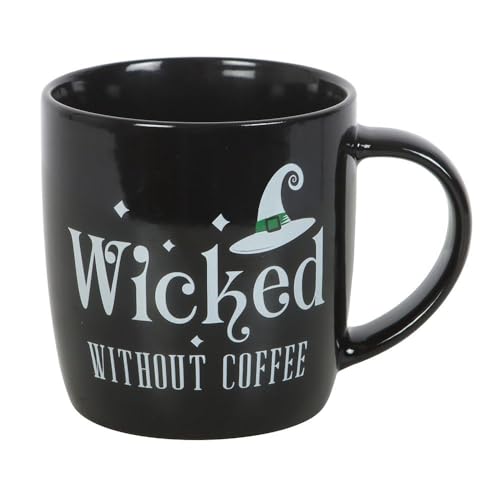 Black mug with 'Wicked Without Coffee' text and witch hat graphic on a white background