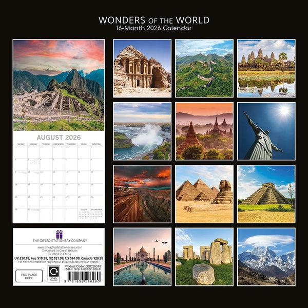 2026 Wonders of the World Wall Calendar International Landmarks Landscapes Scene
