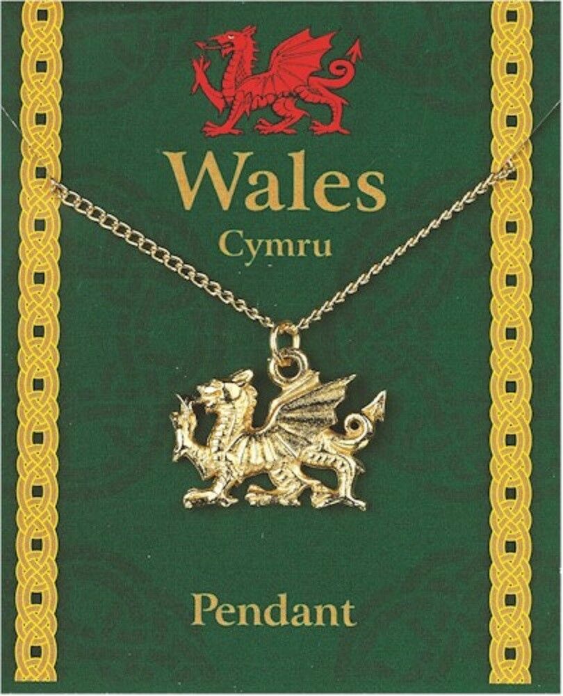 Welsh Dragon Pewter Pendant Wales Souvenir Gift Necklace Gilt Chain Gold Plated