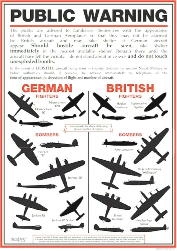 WW2 A3 Poster British German Fighter Planes Bombers Identification Reproduction