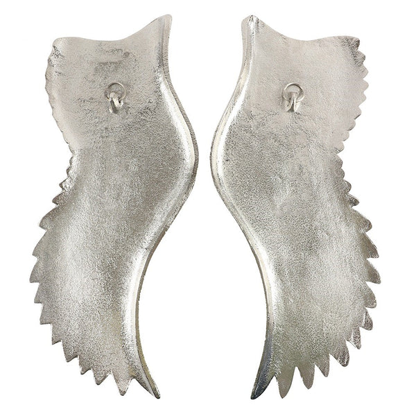 Pair Of Large Silver Angel Wings  Size: H 50cm x W 20cm x D 2cm Aluminium Sturdy Metal Hook on Each Wing Made By Jones Home & Gift Weight  2.5kg Approx  Makes an ideal wall hanging to decorate your home or as a remembrance for a loved one