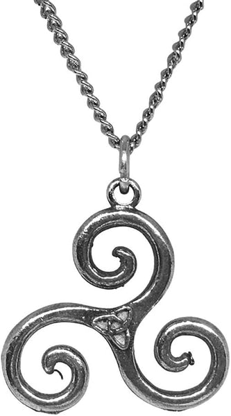 A polished silver-colored pewter pendant in the shape of a Celtic Triskele Spiral, attached to a pewter chain.