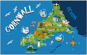 Cornwall Map Tea Towel  Printed 100% Cotton Size: 68cm x 45cm approx Made by Elgate Featuring many iconic Cornish scenes on a map, including towns and cities, Fudge, Scones and more!   Makes an ideal Souvenir of your visit to Cornwall or a gift for friends and family.