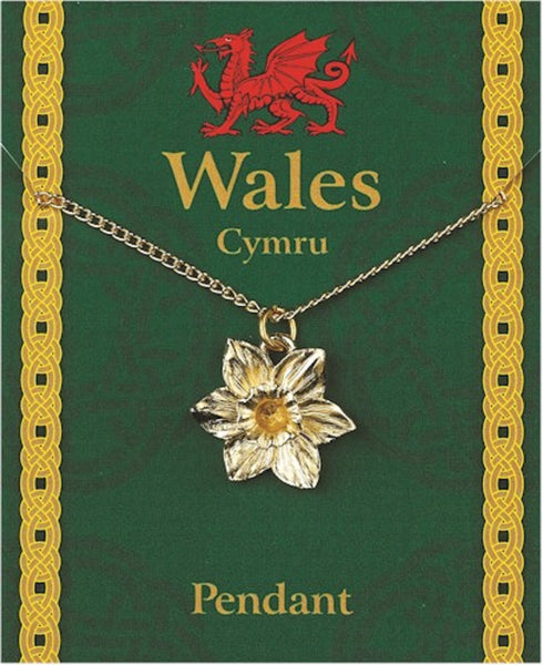 DAFFODIL PENDANT   Pewter Gold Plated Size: 2cm x 1cm 18" Chain Handmade in the UK by Westair Reproductions Ltd Attached to an Information Card with info on Wales  This beautiful Welsh Daffodil Pendant makes an ideal gift for friends and family.