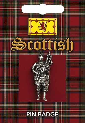 Scottish Highland Piper Pin Badge  Pewter Silver Colour Handmade in the UK by Westair Reproductions Ltd Size: 4.2cm x 1.5cm Butterfly Clasp  A beautiful pewter badge of a traditional Scottish Highland Piper.  Makes an ideal gift for friends and family.