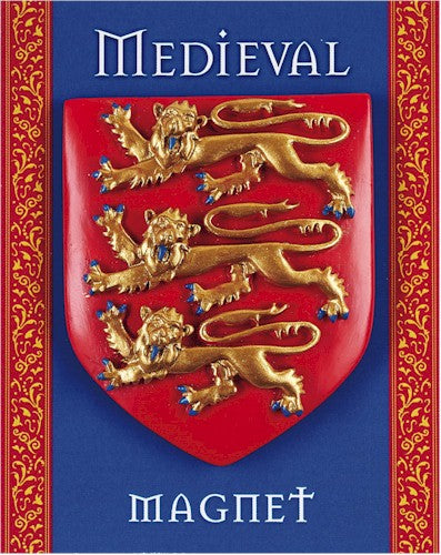 3 Lions Shield Fridge Magnet  Handmade in the UK Resin Size: 5.5cm x 4.5cm x 1.5cm Featuring Three Lions on a Heraldic Crest Red Crest & Gold Coloured Lions Brief history of heraldic shield design on back of packaging New & Sealed  Perfect for placing on your fridge,  Makes an ideal gift for friends and family.