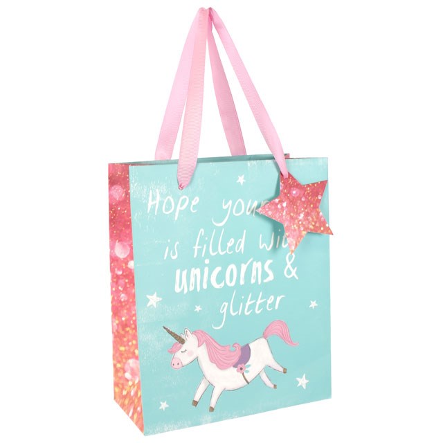 UNICORNS GIFT BAG  Hope Your Day is Filled with Unicorns & Glitter Size: 23cm x 19cm x 9cm Cardboard Pink Ribbon Gift Tag Makes an ideal gift bag for girls and women.  Suitable for Birthday, Hen Party, Christmas, Weddings, Engagements and more.