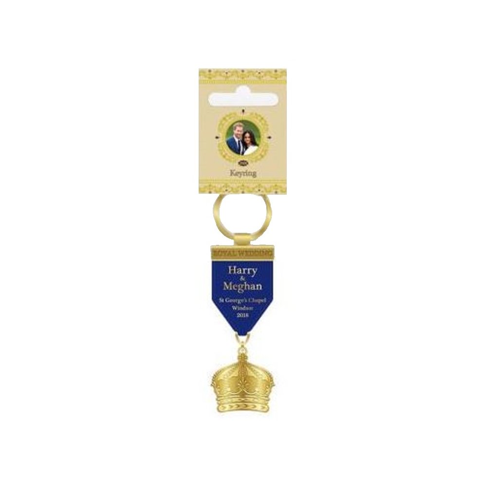 Royal Wedding 2018 Lapel Medal Keyring   Metal Gold Crown Engraved with the the marriage details attached to a blue lapel Made by Elgate   Celebrating the Royal Wedding of Prince Harry and Meghan Markle on 19 May 2018.    Makes an ideal Souvenir of the wedding or a gift for friends and family.