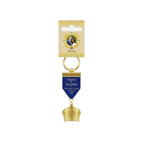 Royal Wedding 2018 Lapel Medal Keyring   Metal Gold Crown Engraved with the the marriage details attached to a blue lapel Made by Elgate   Celebrating the Royal Wedding of Prince Harry and Meghan Markle on 19 May 2018.    Makes an ideal Souvenir of the wedding or a gift for friends and family.