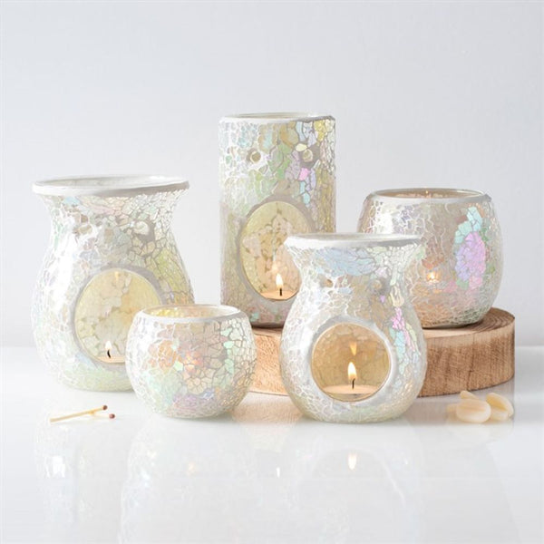 Large White Iridescent Crackle Oil Burner    Beautiful large oil burner with a stunning iridescent white mirrored crackle effect. May also be used as a wax melt burner.  Insert Tea Light Candle.  Ideal for helping you to relax and meditate, either on your own or as part of a meditation class or mediumship group.  Perfect gift for Friends, Family, Mum, Dad, Pagans and more!.  Product Dimensions: H14.5cm x W11cm x D11cm Packaged Dimensions: H16cm x W12.5cm x D12.5cm