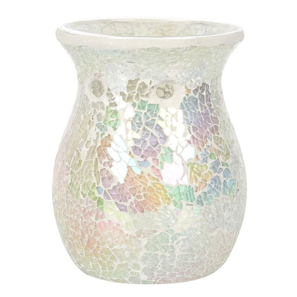 Large White Iridescent Crackle Oil Burner    Beautiful large oil burner with a stunning iridescent white mirrored crackle effect. May also be used as a wax melt burner.  Insert Tea Light Candle.  Ideal for helping you to relax and meditate, either on your own or as part of a meditation class or mediumship group.  Perfect gift for Friends, Family, Mum, Dad, Pagans and more!.  Product Dimensions: H14.5cm x W11cm x D11cm Packaged Dimensions: H16cm x W12.5cm x D12.5cm